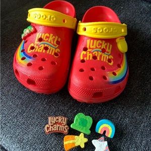Lucky Charms crocs gently used with croc charms